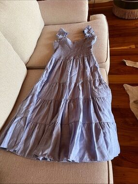 Expressions baby blue  Smocked Tiered Ruffle Strap Dress